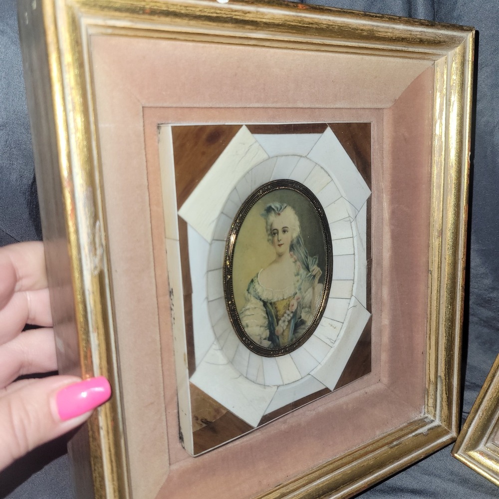 Victorian Portraits Miniature Hand Painted Bakelite Frame Lady Gold Matted Pair - Picture 6 of 11